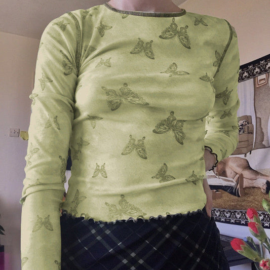 Green Butterfly Print Crew Neck Long Sleeve Shirt ER5814