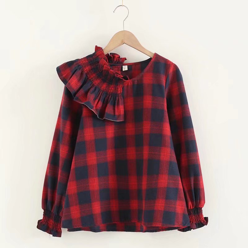 Ruffle-neck Puff-sleeve Plaid Shirt UB6196
