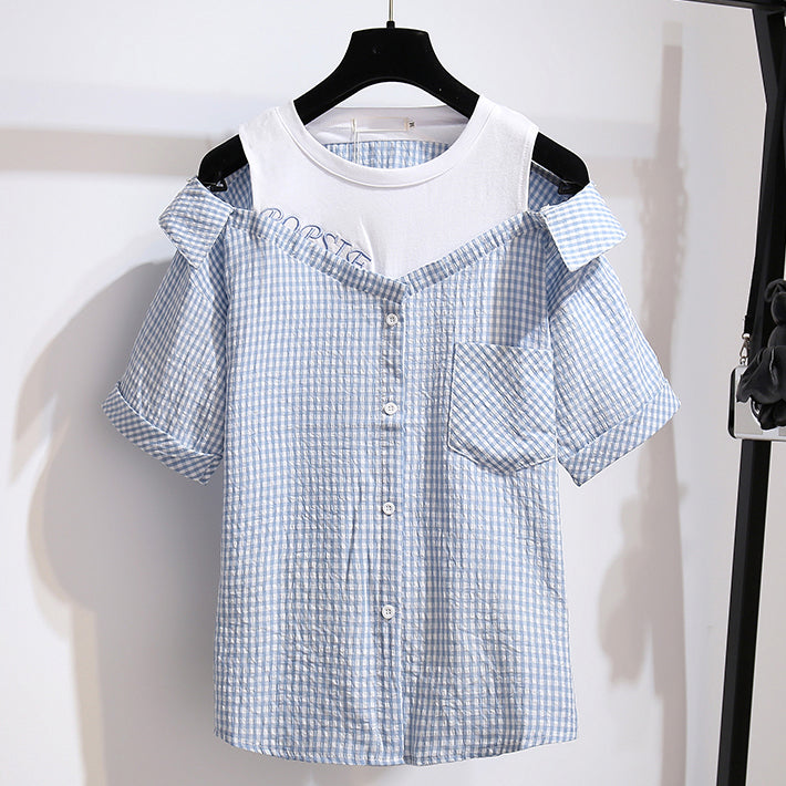 Plaid Strapless Shirt Short Pants Two piece Set UB6307