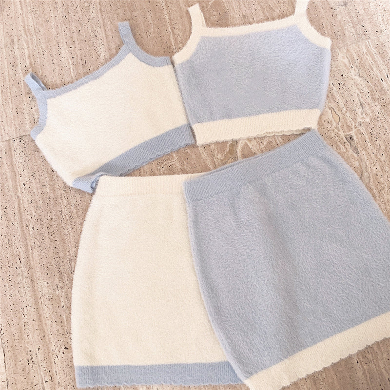 Letter Heart Knit Camisole Skirt Cream Blue Suit UB6256