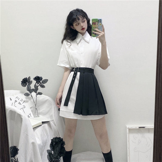 WHITE SHORT-SLEEVED SHIRT + PLEATED SKIRT H032902