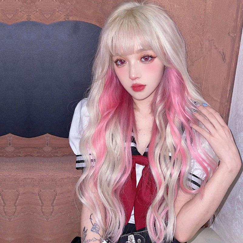 Gradient Pink Highlighting Long Curly Wig UB6127