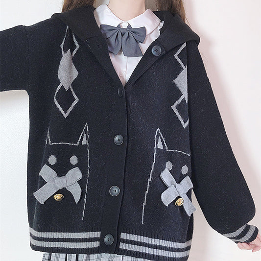 Bell Cat Bowknot Cardigan Diamond Hooded JK Sweater UB3480