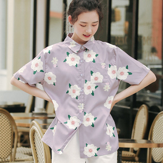 "CHIC CUTE FLOWER PURPLE " SHORT SLEEVE LOOSE SHIRT K081808