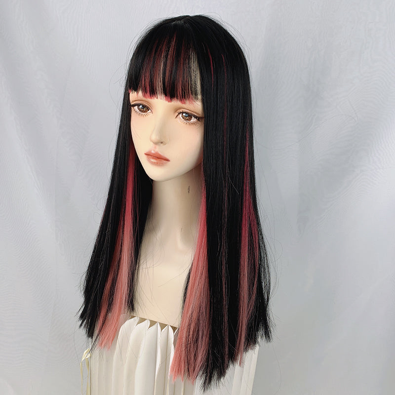 BLACK RED HANGING EARS DYED LONG STRAIGHT WIG UB3351