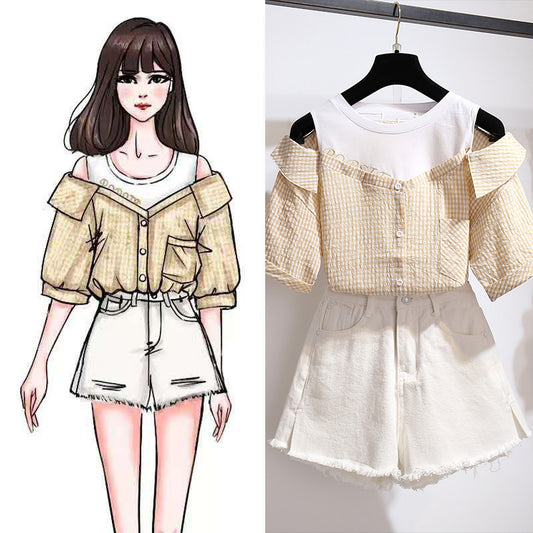 Plaid Strapless Shirt Short Pants Two piece Set UB6307
