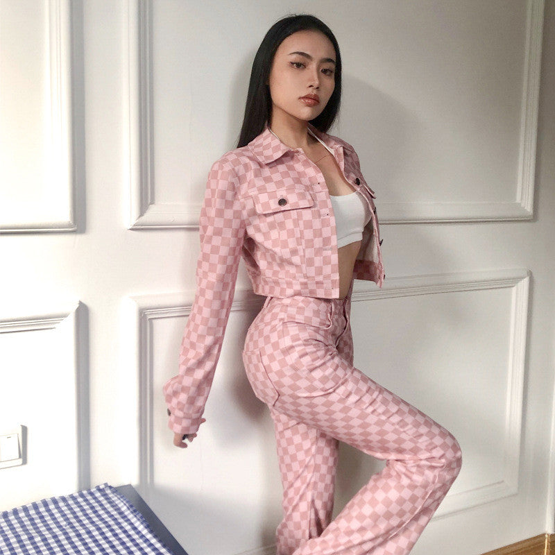 Pink Plaid Casual Two Piece Suit ER5850