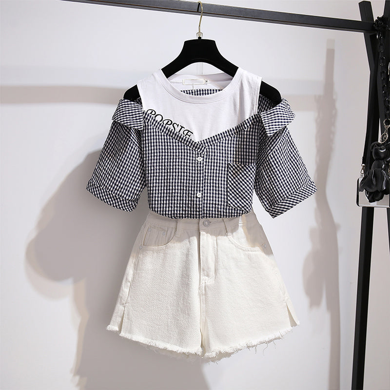 Plaid Strapless Shirt Short Pants Two piece Set UB6307
