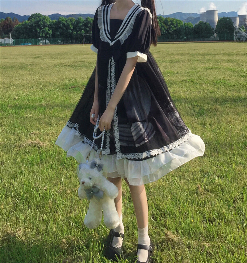 Original Design Lolita Cloud Moon Navy Collar Dress UB6314
