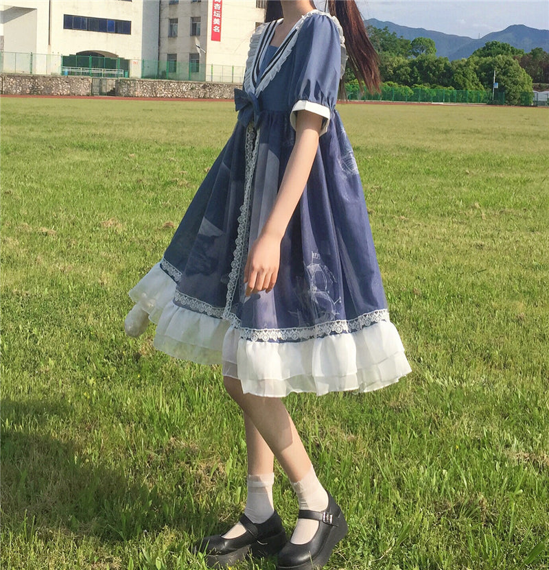 Original Design Lolita Cloud Moon Navy Collar Dress UB6314