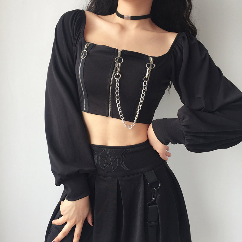 [@gothbynight] "DARK CHAIN SQUARE COLLAR PUFF SLEEVE" TOP K111608