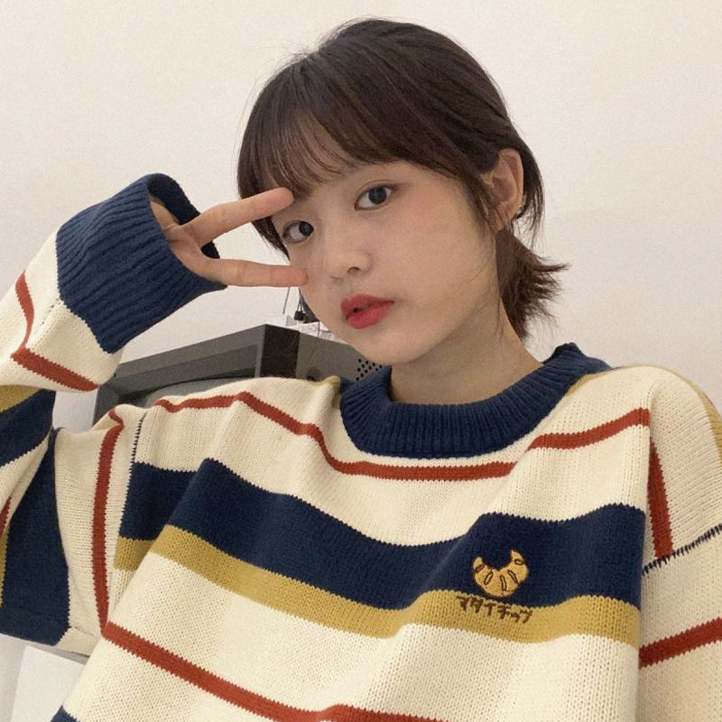 Blue/Apricot Striped Knit Pullover Sweater UB3243