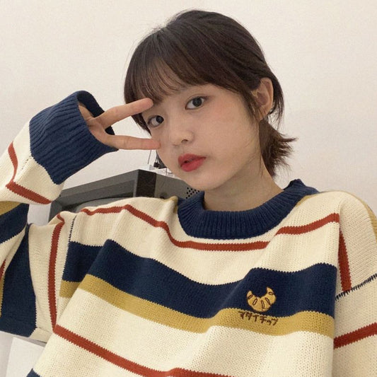 Blue/Apricot Striped Knit Pullover Sweater UB3243