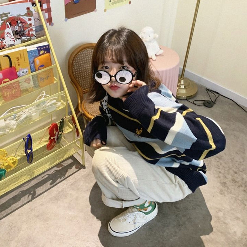 Blue/Apricot Striped Knit Pullover Sweater UB3243