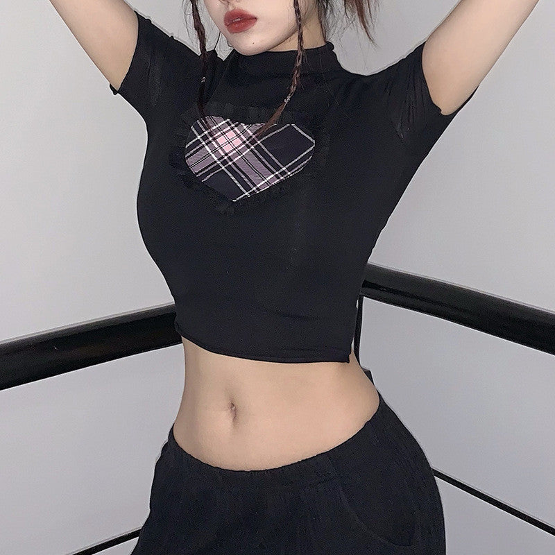 LOVE CONTRASTING COLOR SLEEVE NAVEL BARE T-SHIRT UB3326