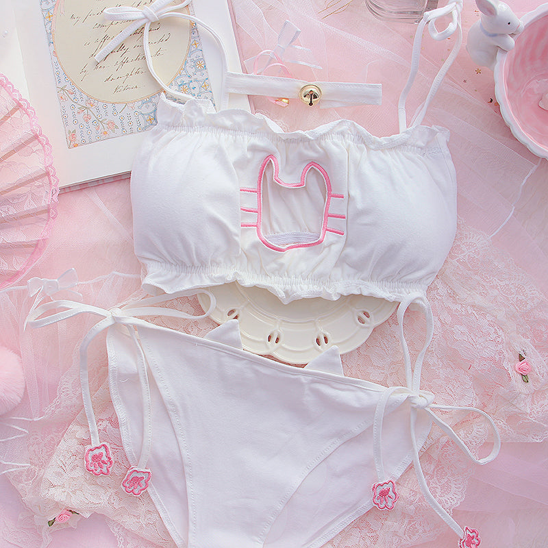  ALXY Girls High School Kawaii Lingerie Teen Under Training  Brother Cute Rabbit Honbow Lace Bralette Pack Low Lolita Bandeau Bra and  Panty Set Pink White (Color: Pink, Cup Size: M70(abc)75(ab)) 