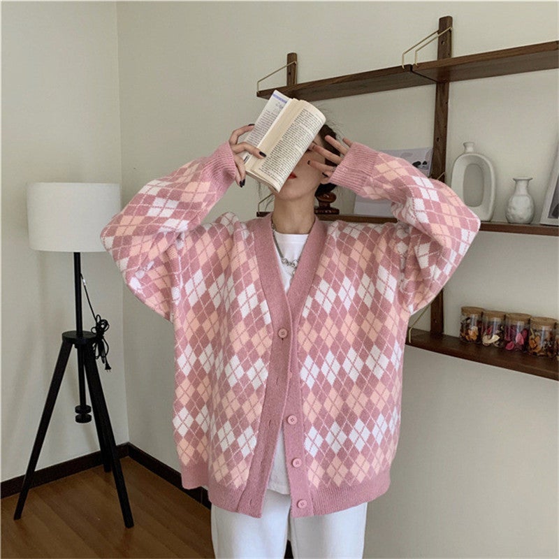 [@binxsicle] VINTAGE DIAMOND KNIT CARDIGAN UB3155