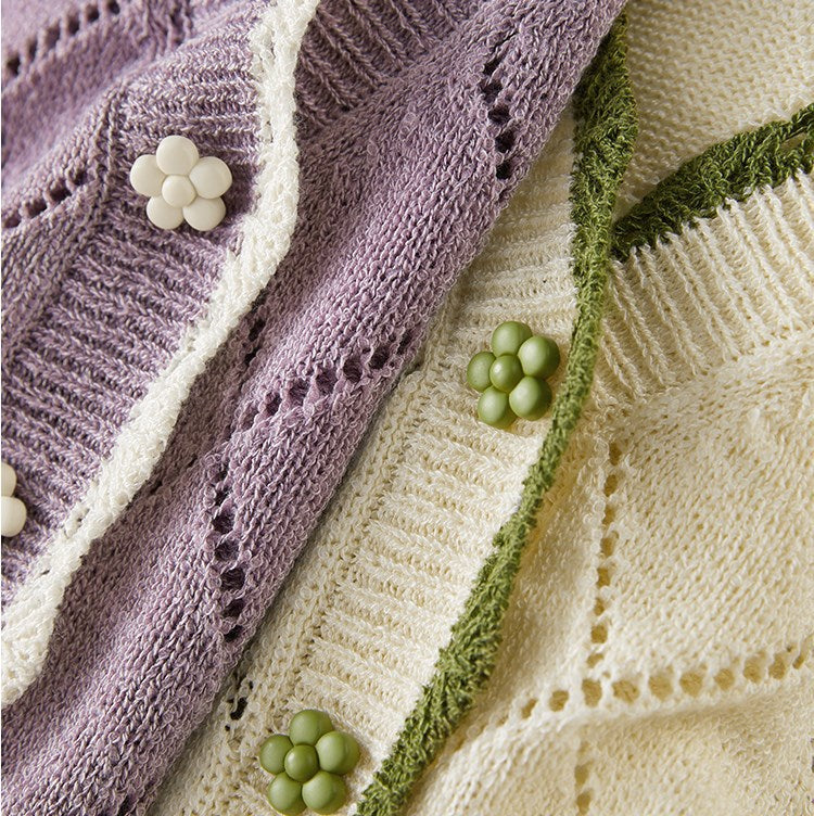 BEIGE/PURPLE CUTE FLORAL PRINT KNITTED CARDIGAN UB2715