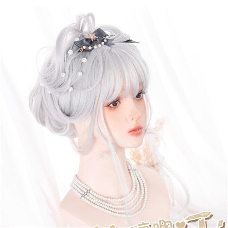 GRAY WHITE BANGS LONG CURLY WIG UB3368