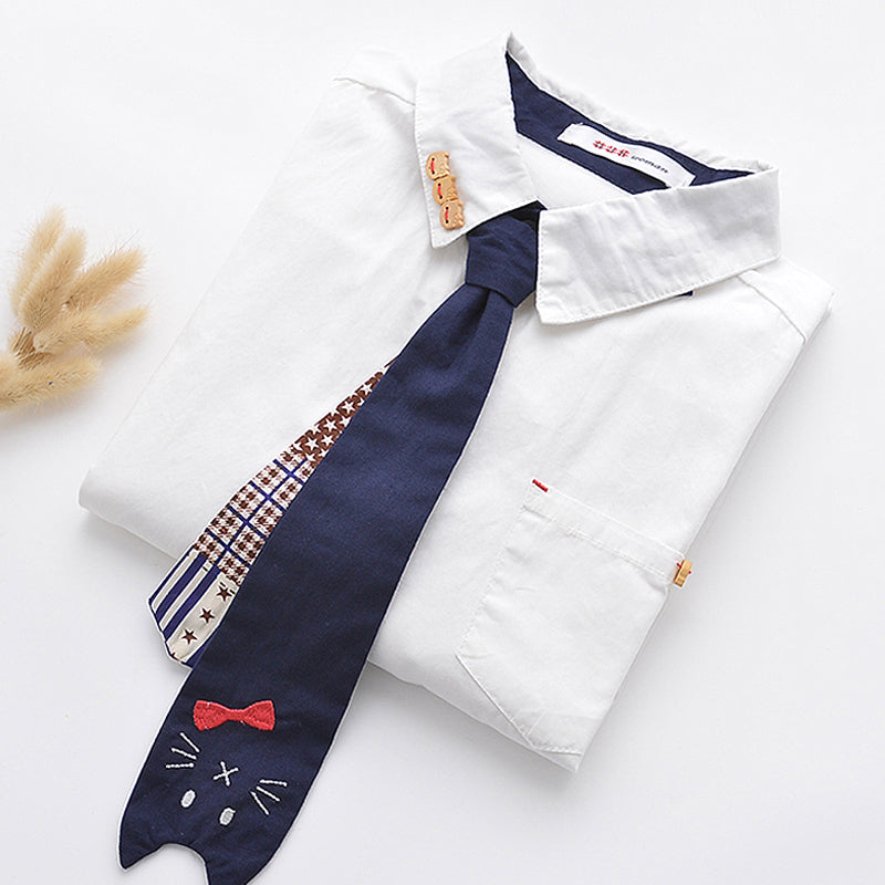 "CUTE EMBROIDERED CAT TIE" LONG SLEEVE SHIRT K102008