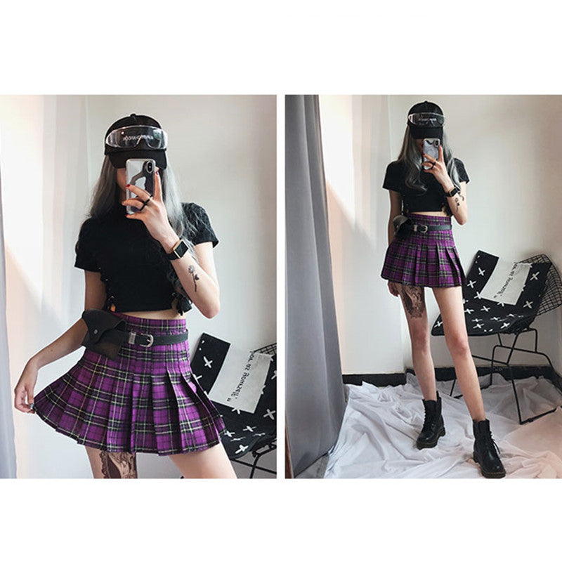 Retro Purple Gray Green Plaid High Waist Skirt W010428