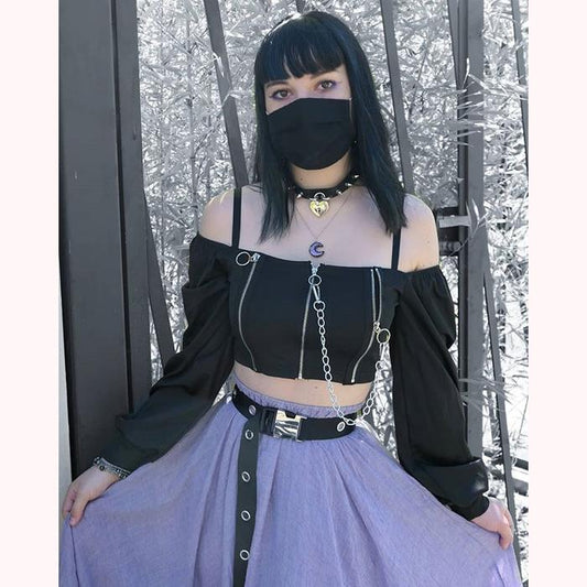 [@gothbynight] "DARK CHAIN SQUARE COLLAR PUFF SLEEVE" TOP K111608