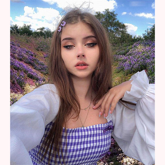 [@sonya_rudskaya ] "SQUARE NECK PURPLE GRID LONG SLEEVE CHEONGSAM" DRESS D042408