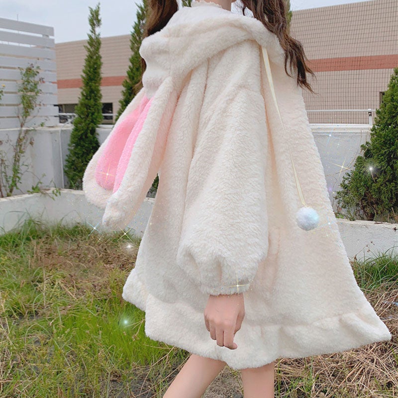CUTE PLUSH RABBIT EARS RUFFLED HOODIE UB2722