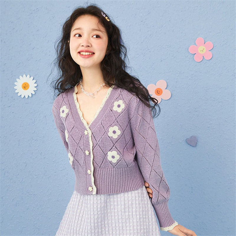BEIGE/PURPLE CUTE FLORAL PRINT KNITTED CARDIGAN UB2715