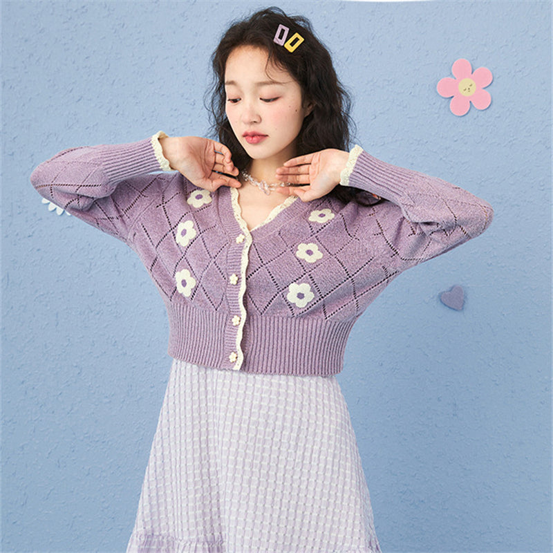 BEIGE/PURPLE CUTE FLORAL PRINT KNITTED CARDIGAN UB2715