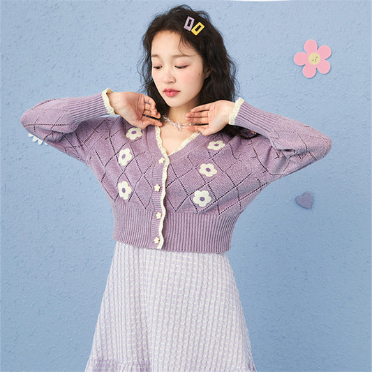 BEIGE/PURPLE CUTE FLORAL PRINT KNITTED CARDIGAN UB2715