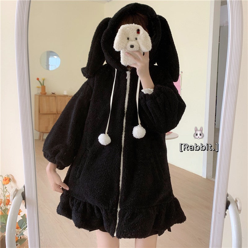 CUTE PLUSH RABBIT EARS RUFFLED HOODIE UB2722