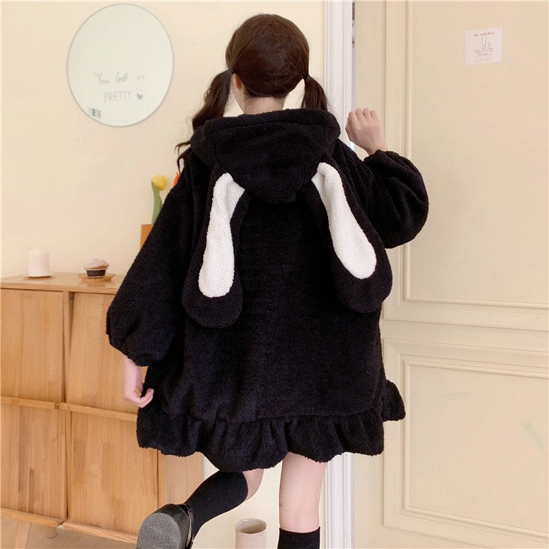 CUTE PLUSH RABBIT EARS RUFFLED HOODIE UB2722