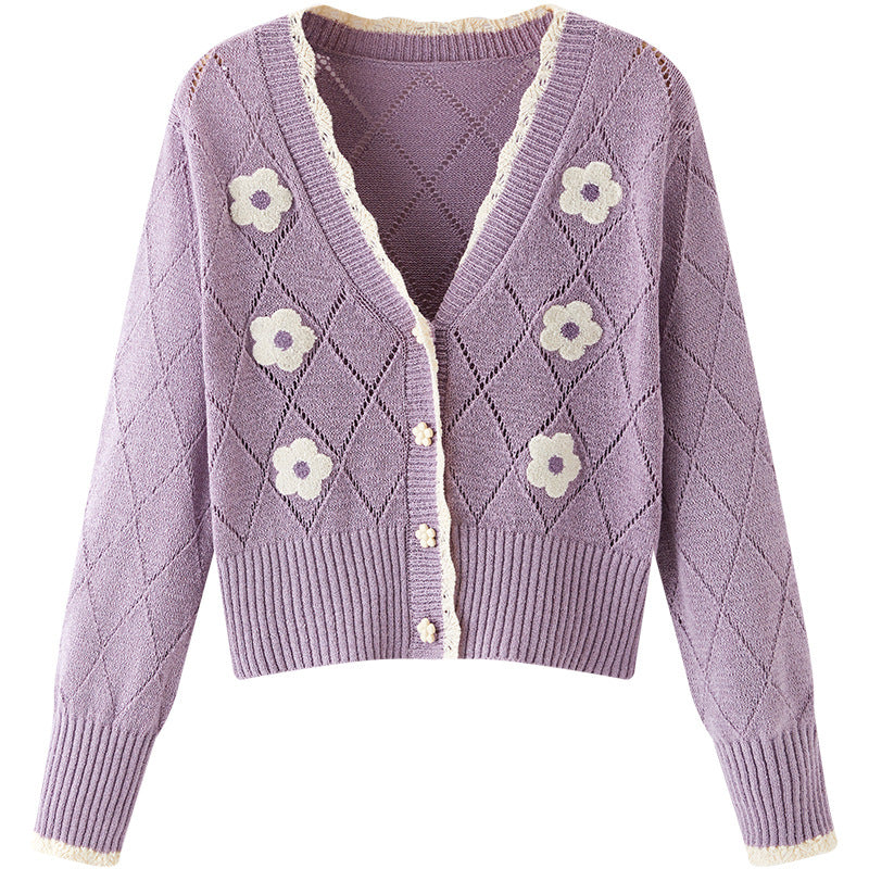 BEIGE/PURPLE CUTE FLORAL PRINT KNITTED CARDIGAN UB2715