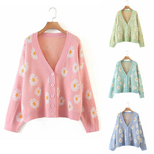 LIGHT-COLORED DAISY JACQUARD KNITTED CARDIGAN UB2712