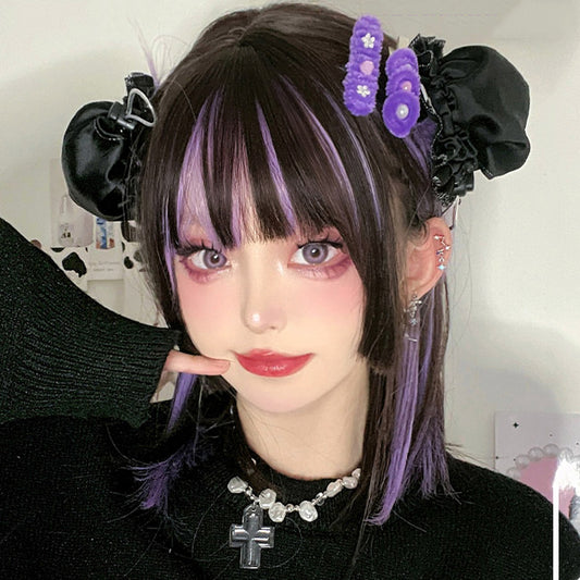 Black Highlight Purple Short Straight Wig UB6402