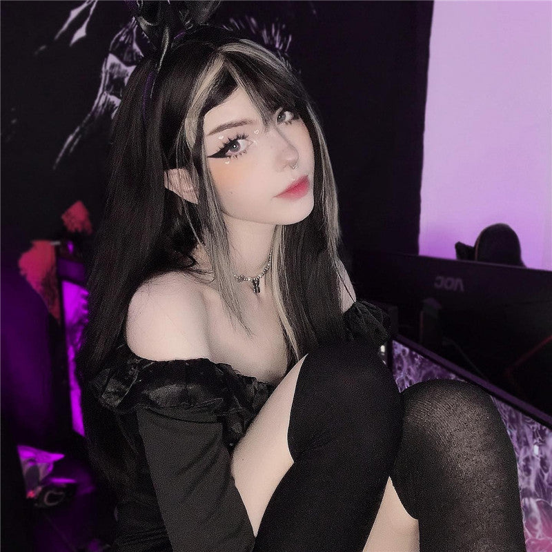 [@flutterow_] Lolita Daily Sweet Cute Black Gold Straight Wig UB3512