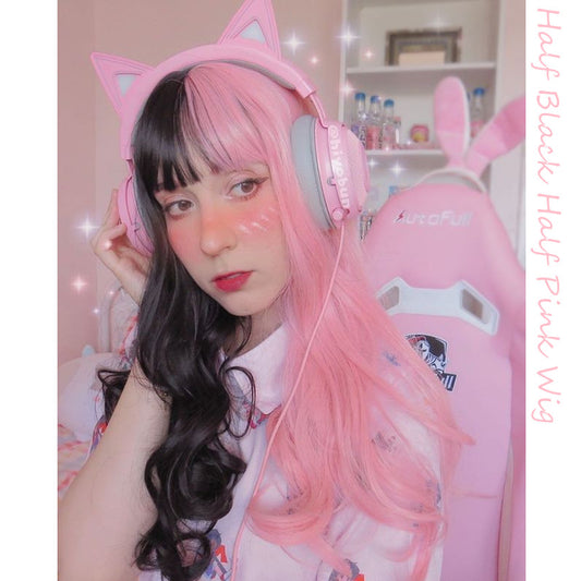 [@hiyobun] "HALF BLACK HALF PINK LOLITA LONG CURLY" WIG D052009