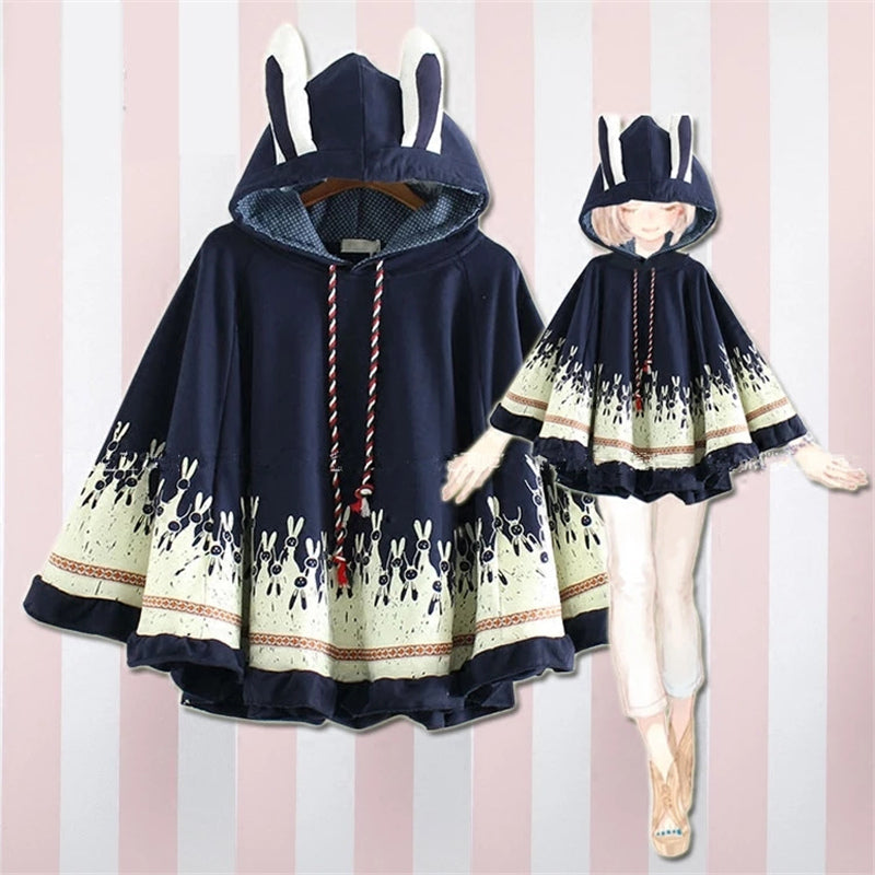 "WHITE/GREY/NAVY KAWAII BUNNY EARS" HOODIE CLOAK K100311