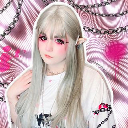 "GRAY WHITE BANGS LONG CURLY" WIG N111308