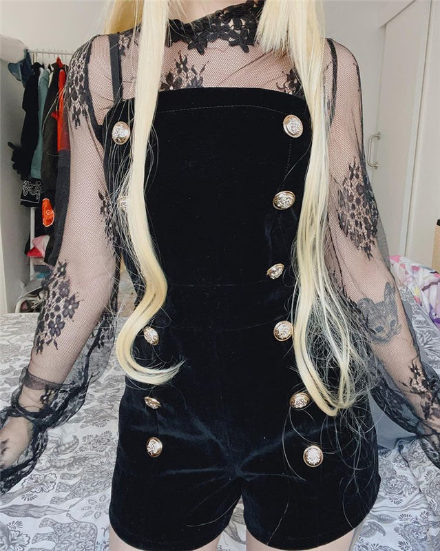 "BLACK LACE EMBROIDERED VELVET" JUMPSUITS N042404