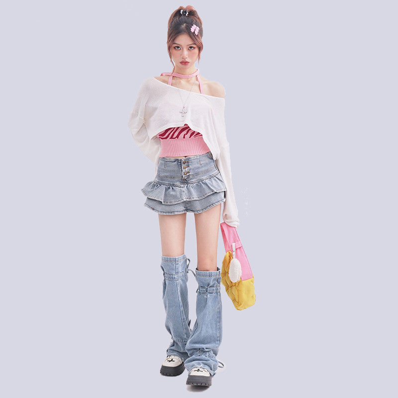 HIGH WAIST RUFFLED DENIM SKIRT UB98104