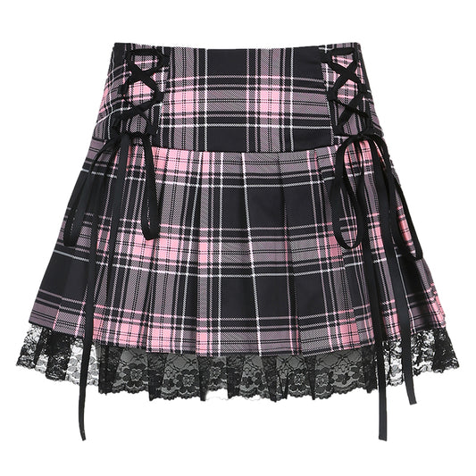 VINTAGE TIE PLAID LACE SKIRT UB98116