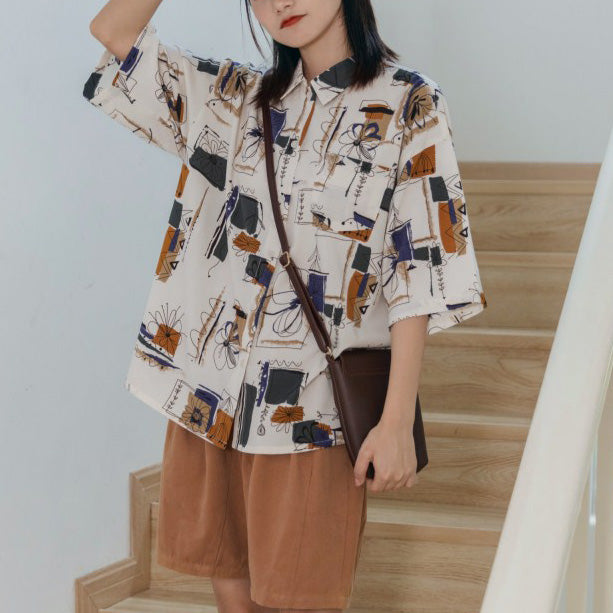 Japanese Abstract Print Short-sleeved Shirt UB6319