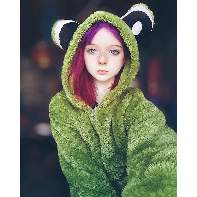 Cute Little Dinosaur Frog Coral Fleece Hooded Pajamas UB3347