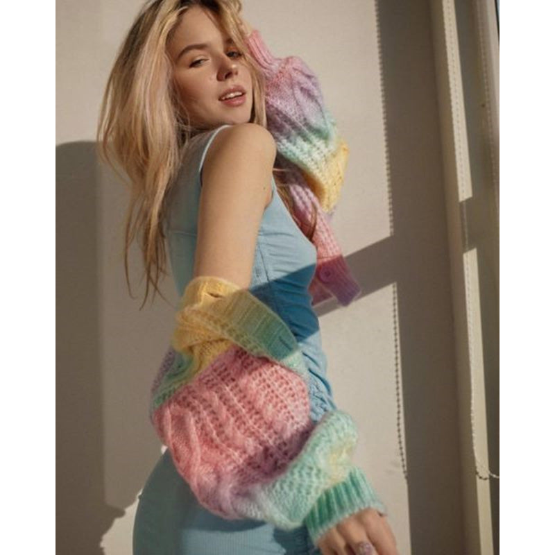 CHIC GRADIENT RAINBOW TIE-DYE KNITTED CARDIGAN UB2819
