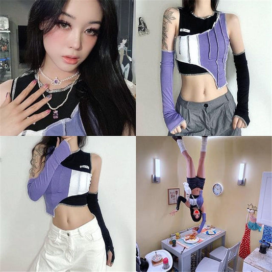 [@emily.ghoul ] "IRREGULAR CONTRAST COLOR STITCHING" CROP TOP ( FREE SLEEVES ) N111007