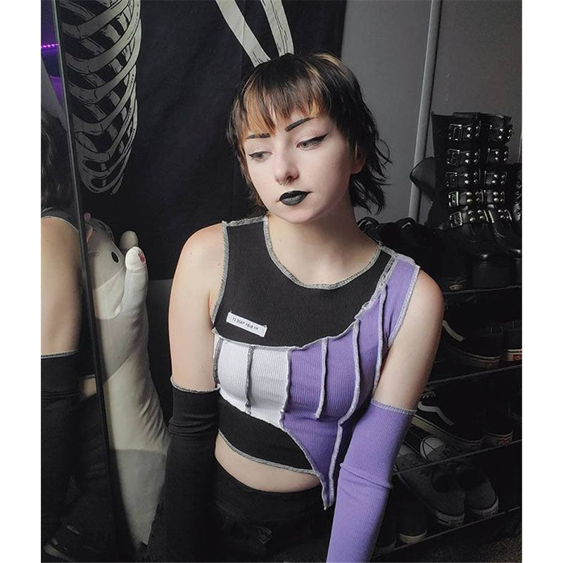 [@emily.ghoul ] "IRREGULAR CONTRAST COLOR STITCHING" CROP TOP ( FREE SLEEVES ) N111007