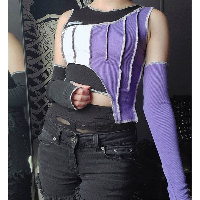 [@emily.ghoul ] "IRREGULAR CONTRAST COLOR STITCHING" CROP TOP ( FREE SLEEVES ) N111007