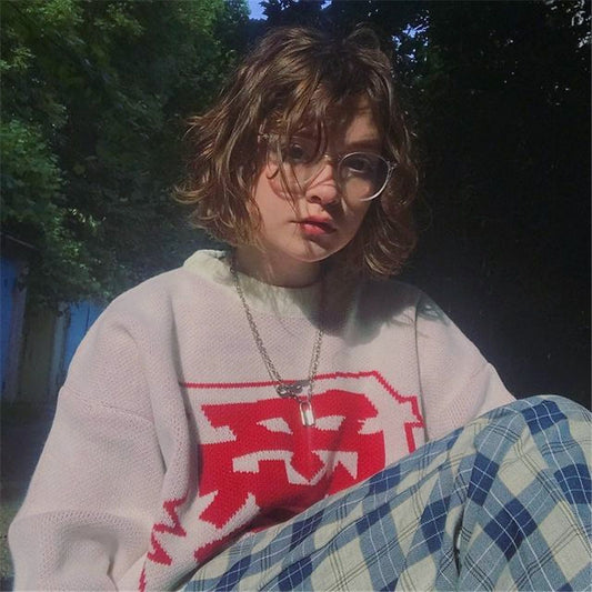 [@__lil_zi__ ] "LOVE" SWEATER / BLUE PLAID PANTS N121503